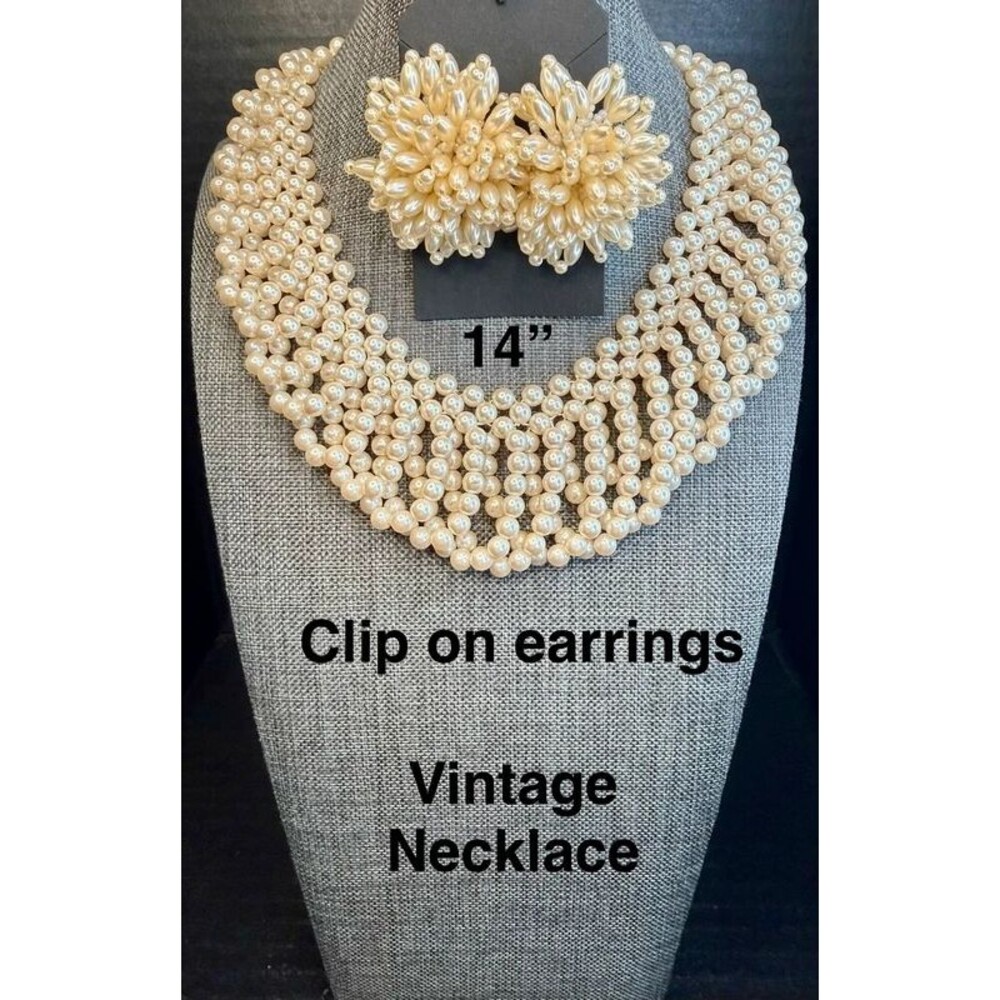34. Vintage Faux Pearl Woven Collar Necklace & Cluster Clip-On Earrings